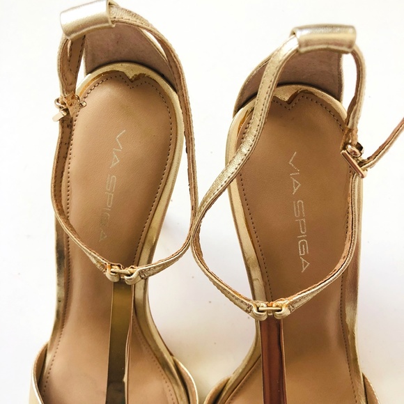 Via Spiga Gold Leather Open Toe Heels Sandals - Picture 11 of 13
